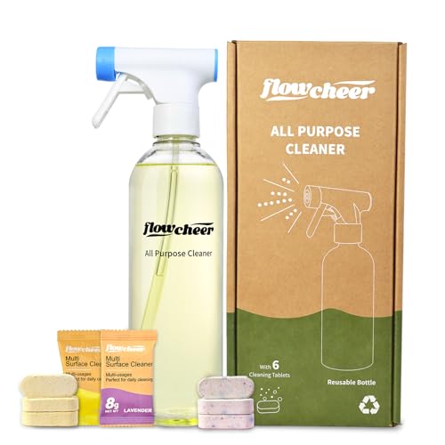flowcheer Multi-Purpose Cleaner Starter Kit-Lavender and Lemon Scent all purpose cleaner concentrate,cleaning tablets (6 Refill tablets) with Reusable Bottle Multi-Surface Household Cleaner,6 x17fl oz