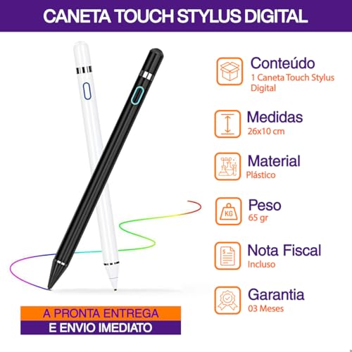 Caneta Touchscreen de Aluminio Stylus capacitiva Recarregável com Ponta Fina Para Celular Smartphone