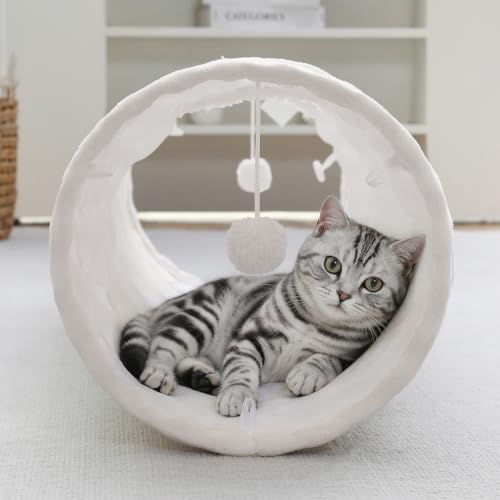 Image of Straight Bubble Cat Tunnel for Indoor Cats 47 inchx12 inch, Cream White | Cute Cat Toys, Collapsible Tunnel Tube with Hanging Balls for Puppy Kitten Rabbit