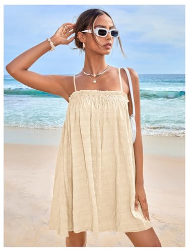 Image of MakeMeChic Women's Babydoll Dress Sleeveless Swing Shirred Mini Dresses | Beach, Summer, Sundress, Ruffle, Casual Dress, Flowy Dress