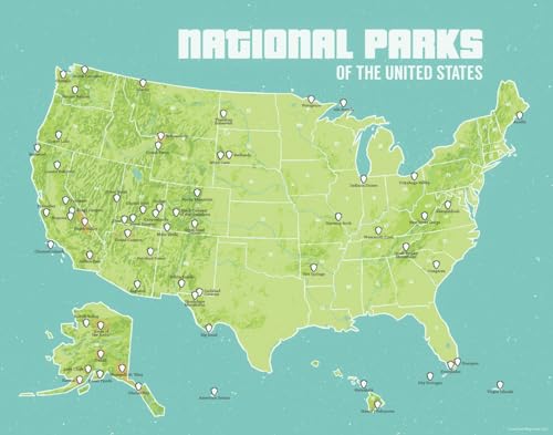 Best Maps Ever US National Parks Checklist Map 11x14 Print (Green & Turquoise)