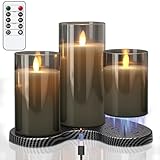 GenSwin Rechargeable Candles with Charging Station, Glass Flameless Candles with Remote, LED Pillar Flickering Candle Battery Operated for Halloween Christmas Home Party Decor(Pack of 3, Gray)