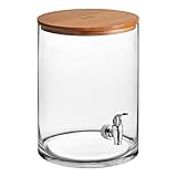 Glownary 3 Gallon Glass Beverage Dispenser with Wood Lid, Clear, Round, Slim Design, 12.25 Inch Height