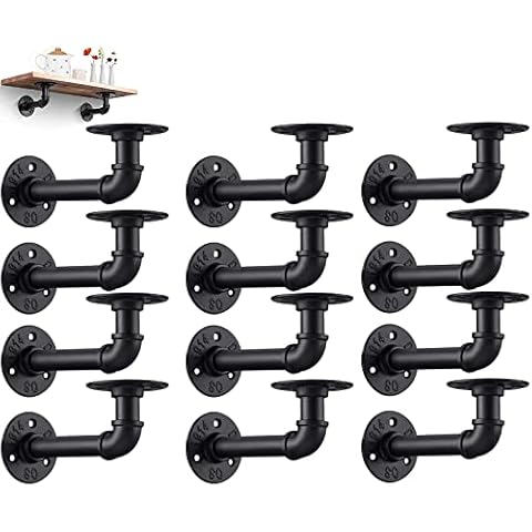 Industrial DIY Pipe Shelf Brackets,Vintage Black Iron Wall Mount Pipe Shelving Bracket, Rustic Home Pipe Shelf, 12 Pack Cover