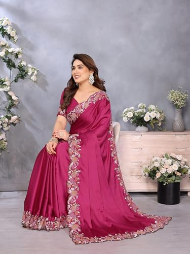 Image of Pandadi Saree Women's Satin Embroidery Work Saree With Unstitched Blouse Piece