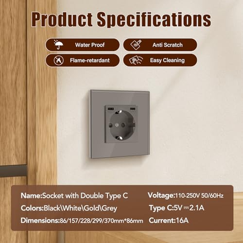 BSEED Steckdose mit USB C(5 V 2.1A),Unterputz Steckdose (Typ C und Typ C),16A 250V 1 Fach Wandsteckdose,2*USB C Einbausteckdose Geeignet für Phone,Pad-86mm*86mm,Grau