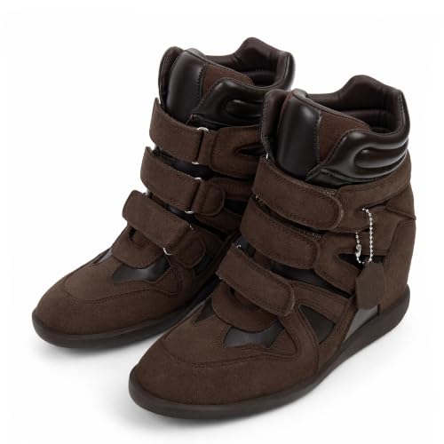 Image of Dsevht Hidden Wedge Sneakers for Women High Top Fashion Sneaker Suede High Heel Platform Tennis Triple Strappy Band Casual Vintage Dressy Comfy Campus Trendy Retro Sneaker