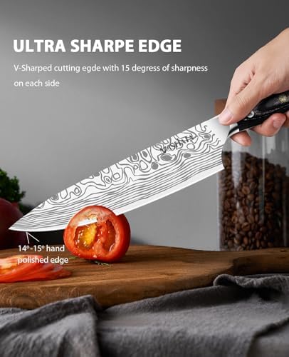 MOSFiATA 8" Super Sharp Professional Chef's Knife with Finger Guard and Knife Sharpener, German High Carbon Stainless Steel EN1.4116 with Micarta Handle and Gift Box - 1