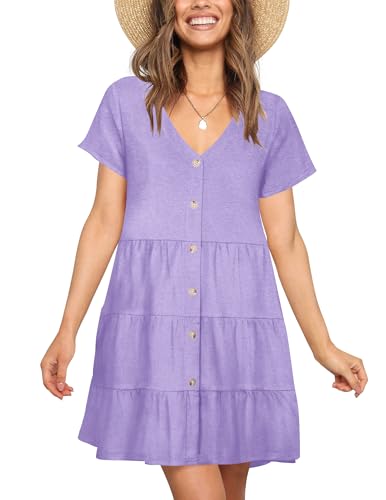 Image of Nova In Sky Women's Summer Dresses 2026 Short Sleeve V-Neck Casual Loose Swing Button Down Casual T Shirt Dresses