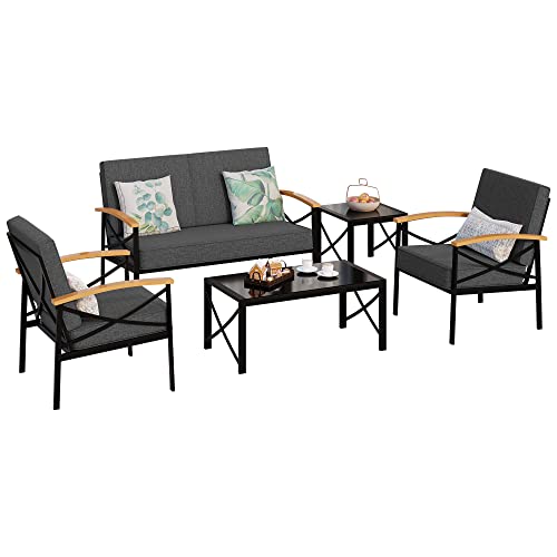 Jamfly Outdoor Metal Patio Furniture Sectional Set 5 Piece, Outdoor Metal Furniture Patio Conversation Sets With 2 Coffee Table And Removable & Washable Cushion #TOP7