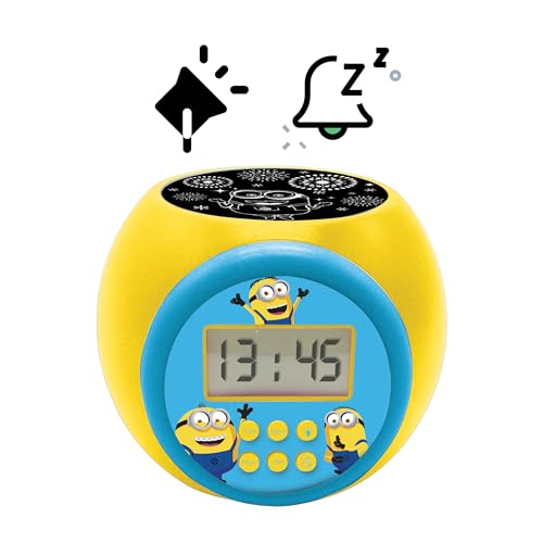 LEXIBOOK, Despicable Me Minions, budzik projektorowy z funkcją drzemki i funkcją alarmu, lampka nocna z timerem, ekran LCD, zasilanie bateryjne, żółty, RL977DES