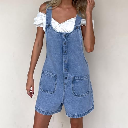 Cusghjbsg Women Denim Bib Shor Overalls Adjustable Suspender Romper Shorts Casual Rolled Cuff Wide Leg Jumpsuit Shortalls With Pocket (Sky Blue B, XL) - Image 5
