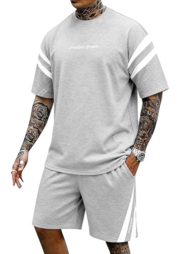 Epoleatriesメンズショーツセット2ピースアウトフィットサマートックスーツストライプTシャツとパンツセットショーツスリーブスウェットスーツ, グレー, XX-Largeの商品画像（Amazon）