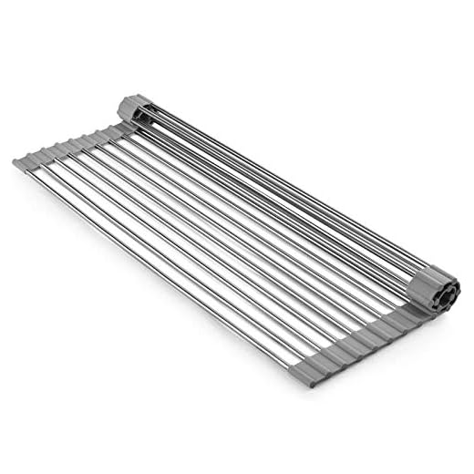 Homexpect Over the Sink Dish Drying Rack 17.7 inches x 16 inches, 304 Stainless Steel Multipurpose Roll-Up Sink Rack for Kitchen, Foldable, Rollable and Easy to Store, Grey