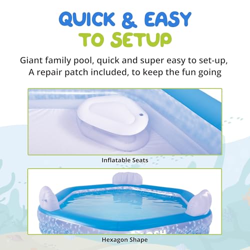 Splosh Inflatable Family Swimming Pool With Seats - For Kids & Adults - Large Hexagonal Paddling Pool 2.23m x 2.11m - Easy To Inflate - Kids Paddling Pools For Garden - Image 3