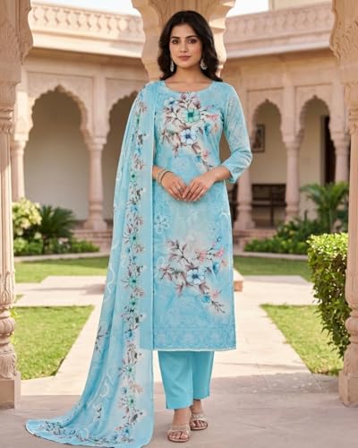 Image of KTI Women Cotton Unstitched Salwar Suit Material with Dupatta Geometric & Floral Printed Dress Material for Daily Wear Casual & Office Wear