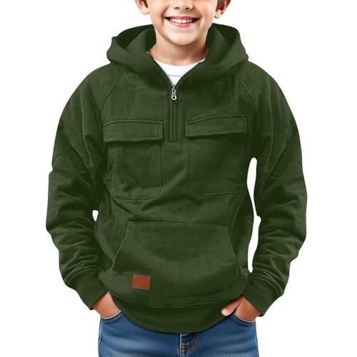 Boys Hoodies Quarter Zip Pullover Fall Winter Warm Cargo Tops Long Sleeve Oversized Sweatshirts with Pockets