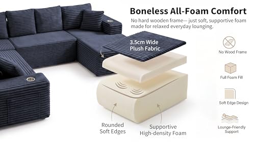 Image of Oversized Cloud Sectional Couches for Living Room, 122 inch U-Shaped 7 Seater Sofa Modular Boneless Couch with Chaise | Deep Seater | Cup Holder | Side Pocket | No-Assembly | Plus Corduroy, Dark Gray