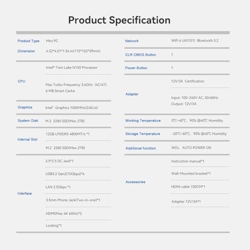 Beelink Mini S13 Mini PC, Intel N150 (4C/4T, bis zu 3.6Ghz), 12GB LPDDR5 500GB SSD Mini Computer Windows 11 Home, 4K Dual Display, HDMI/WiFi6/BT5.2/RJ45 2.5G Desktop PC für Zuhause/Büro