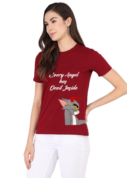 I KINGWomen's to-m & Jer-ry Graphic Printed 100% Cotton T-Shirt - Boyfriend Fit Round Neck Half Sleeves