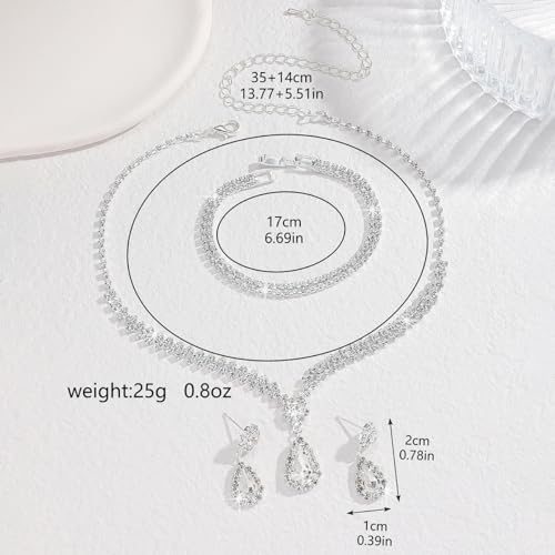 مجوهرات من حجر الراين، مجموعة مكونة من الأساور والسلسلة والحلقان للحفلات المسائية وحفلات الزفاف، 3 قطع، فضي
