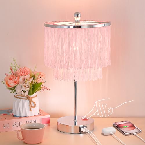 Pink Lamp for Girls Room, 3-Way Dimmable Touch Lamps with USB Port, Girls Lamp with Tassel Lampshade, Pink Table Lamp for Bedroom, Living Room, Dresser, Nightstand, LED Bulb Included