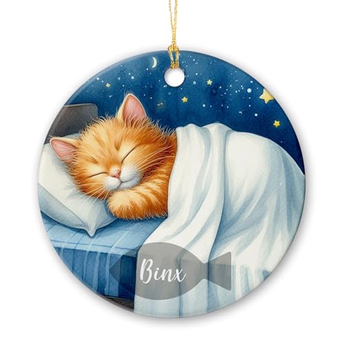 Personalized Ginger Cat Sleeping Ceramic Ornament Christmas 2025, Ginger Pet Lover Ornament Gift for Cat Dad Cat Mom, Customized Name Ginger Cat Sleepy Ornament, Ginger Cat Ceramic Ornament Xmas Tree