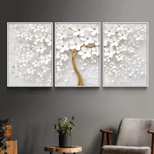 Quadros Decorativos Cerejeira Floral Branco Parede Sala Quarto Dourado