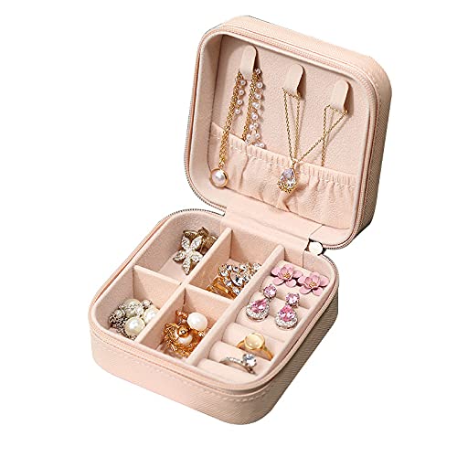 Portable Jewelry Travel Box , PU Leather Small Travel Jewelry Organizer, Portable Jewelry Case for Ring, Pendant, Earring, Necklace, Bracelet Organizer Storage Organizer Gift Box Girls Women(Pink）