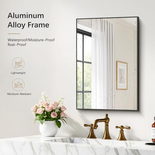 Image of DESBING 16 inch x 24 inch Bathroom Mirror, Black Metal Frame Wall Mirror | HD Image,Shatterproof Decorative Rectangular Vanity Mirror for Bedroom Bathroom Living Room Entryway Horizontal or Vertical
