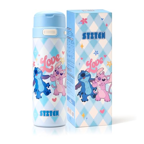 MINISO Disney Stitch Insulated Water Bottle Stainless Steel Double Wall Vacuum Cartoon Water Bottle Double Drinking Pop-Up Lid with Straw & Spout Leak Proof Portable Travel Cup (blue-stitch A)