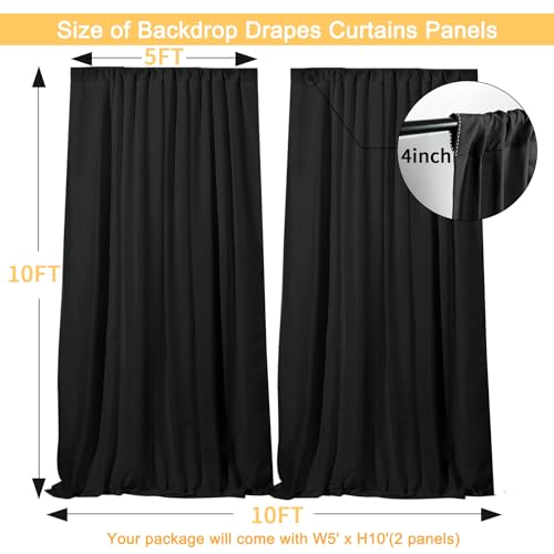 GALLETY 10 FT x 10 FT Black Backdrop Curtain - Polyester Photography Backdrop Drapes with 4 Inch Rod Pockets - Birthday Party Ceremony Wedding Party Stage Decoration