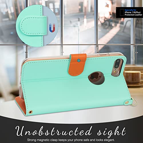 Fyy For Iphone 8 Plus Case/Iphone 7 Plus Case, Pu Leather Flip Wallet Phone Case With Card Holder Wrist Strap Kickstand Protective Cover For Iphone 7 Plus/8 Plus 5.5" Mint Green #TOP4
