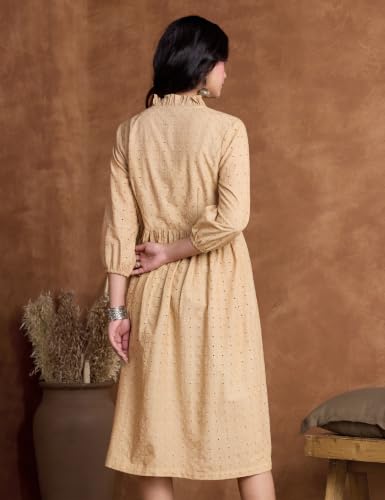Image of Amazon Brand - Myx Women's Schiffli Embroidery Ethnic Dress | Fit and Flare | Knee Length (Available in Plus Sizes)