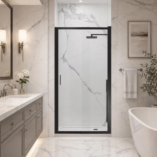 Image of 33-37 inch W x 72 inch H Pivot Shower Door, 3 /16 inch(5mm) Glass, Matte Black