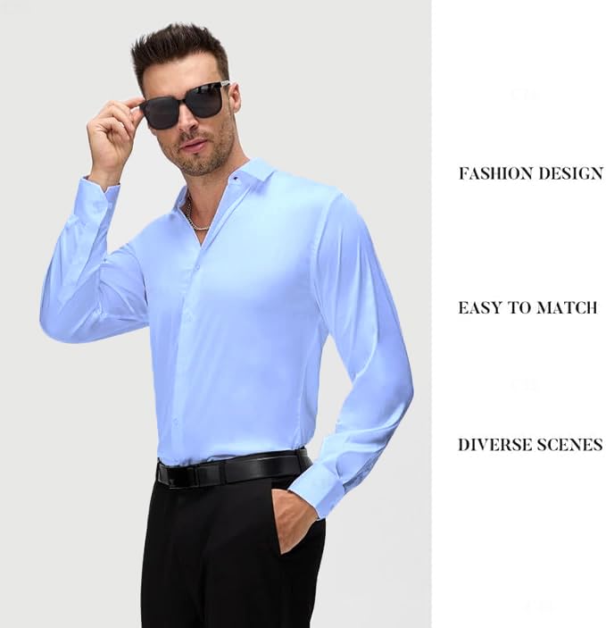 Image of CB-COLEBROOK Mens Stylish Solid Silk Satin Casual Dress Shirts for Men Shiny Long Sleeve Button Down Shirt Party Prom Wedding Shirt for Mens