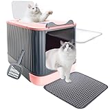 Cat Litter Box with Litter Mat, 17"x14"x13" Large Litter Box for Big Cats, Enclosed Removable Litter Boxs, Front Entry Top Exit Kitty Box, Odor Control, Easy to Clean (Pink Gray)