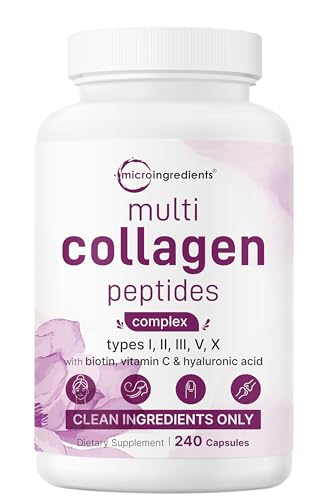 Micro Ingredients Multi Collagen Pills for Women & Men, 240 Capsules | Type I, II, III, V, X | Hydrolyzed Peptides with Biotin, Hyaluronic Acid, & Fat Soluble Vitamin C Complex | Non-GMO, Filler Free