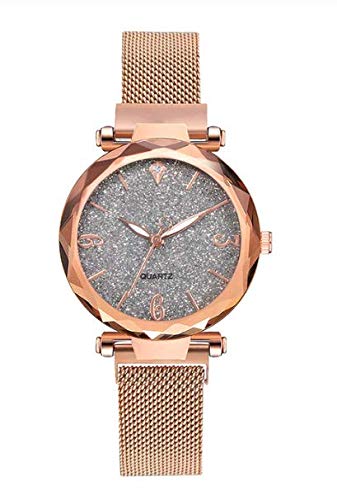 Preisvergleich Produktbild ALCENTIS Milanaise Damen Armbanduhr Roségold Matt Rückseite Zifferblatt Silber Sternenhimmel - Magnetisches Armband aus Edelstahl