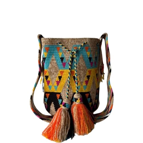 Mochila Wayuu grande 33 x 30 cm, capacidade de 13 a 15 litros/bolsa transversal colombiana feita à mão por Wayuu Artisans/Presente Boho para mulheres.