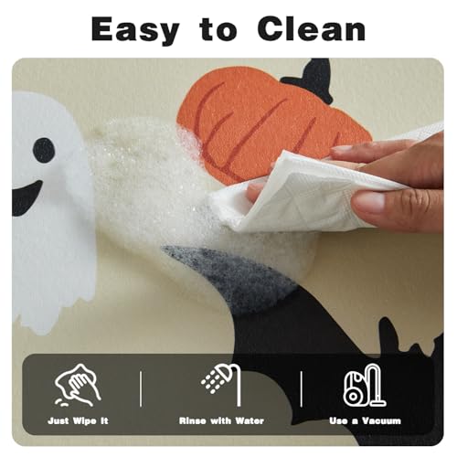 Halloween Bath Mat, Thin Bathroom Rug Non Slip Quick Dry Pumpkin Bath Mat Fits Under Door Thin Floor Mat Halloween Decor, 17''x30'', Pumpkins Bats and Ghost