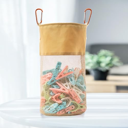 GNEGNI LIFE Pegs Bag, Mesh Large-Capacity Clothes Pegs Bag with Hook Drawstring Hanging Clothespin Bag Portable Resistant Clothes Pegs Holder Bag for Storing Clothes Peg, Socks and Toys (Khaki) - Image 2