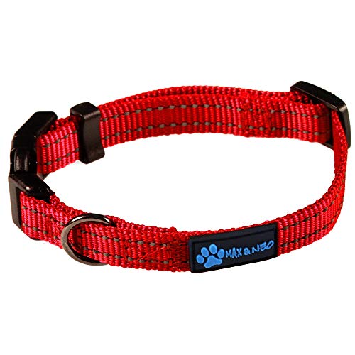 Image of Max and Neo NEO Nylon Buckle Reflective Dog Collar - We Donate a Collar to a Dog Rescue for Every Collar Sold (X-Small, Red)