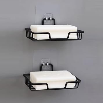 2026 Upgraded Stainless Steel Soap Dish Set of 2 - No Drill Adhesive Bar Soap Holder for Shower & Sink, Rustproof & Quick-Dry - Fits Most Soaps 5.6"x3.5" Black