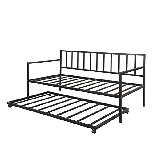 Metal Daybed with Trundle, Twin Size Day Bed Frame with Pullout Trundle, Heavy-Duty Daybed for Living Room Bedroom Kids Teens and Adults, Black - Thumbnail 5