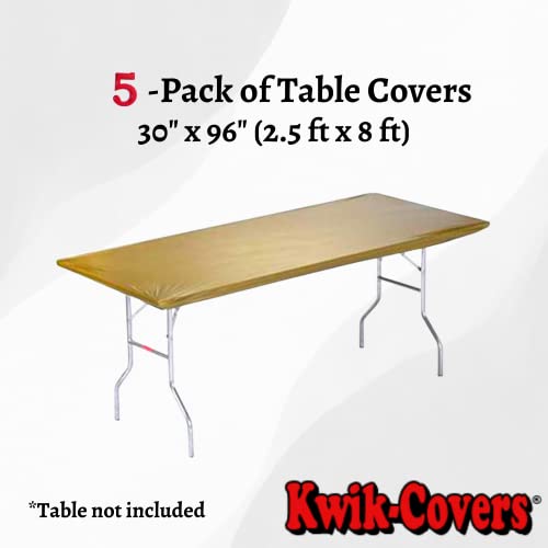Kwik-Covers Rectangular Plastic Table Covers Bundle Of 5 With Seventy (70) Ohm Commerce Paper Napkins - Indoor Or Outdoor Fitted Table Covers (Table Not Included) (30X96, Metallic Gold) #TOP1