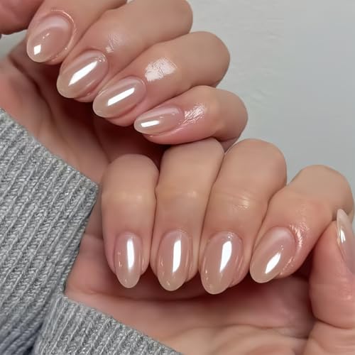 KQueenest Chrome Nude Press On Nails Short Oval, Glitter Fake Nai...