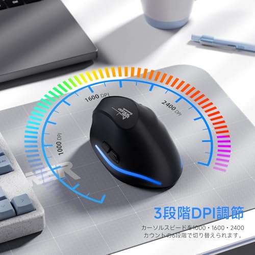 ECHTPower エルゴノミクスマウス ワイヤレス 縦型 無線Bluetooth/2.4GHz 静音 ネオンLED 3段階DPI調整 TYPE-C充電式 長時間使用 7ボタン 右手用 人間工学デザイン Windows/MacOS対応 無線マウス TE09