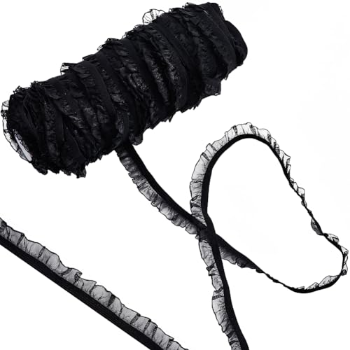 GORGECRAFT 50 Yards Elastic Ruffle Lace Trim 1.5cm Chiffon Pleated Stretch Ribbon Frilly Lace Fabric Gathered Edging Trimming for Hair Tie Headband Lingerie Underwear Sewing Crafts Home Decor Black
