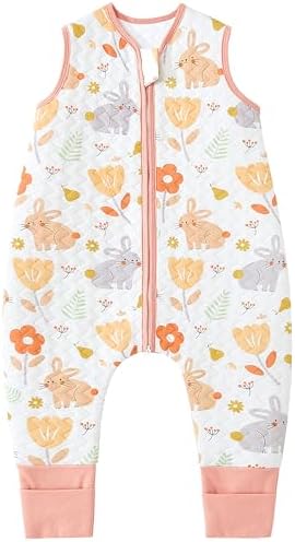 Chilsuessy Baby Ganzjahres Schlafsack mit Füßen 1.5 Tog Kleinkind Schlafsack mit Beinen Baumwolle, 1.5 Tog/Blumenkaninchen, 80cm/Baby Höhe 90-100cm